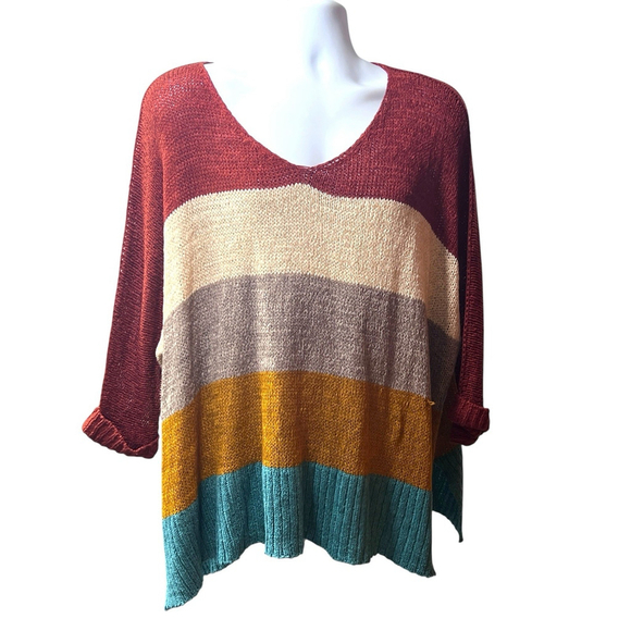Women’s Oversized Knit Sweater Multicolor Striped V-Neck XL - Picture 2 of 11